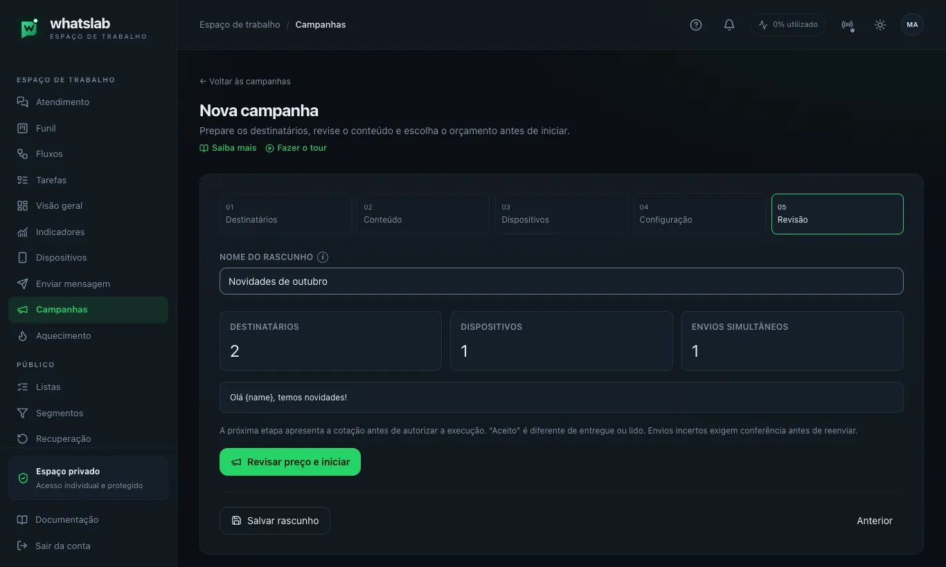 Etapa 5 'Revisão' do assistente com os totais Destinatários 38, Dispositivos 1, Envios simultâneos 1, a prévia da mensagem e o botão 'Revisar preço e iniciar'.