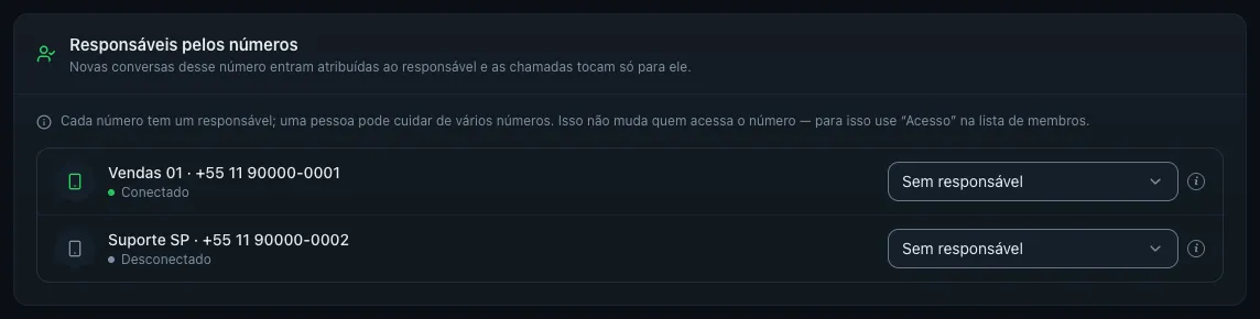 Cartão Responsáveis pelos números em /team com 'Vendas 01' (Conectado) e 'Suporte SP' (Desconectado), cada um com o seletor 'Sem responsável' e o ícone 'i'