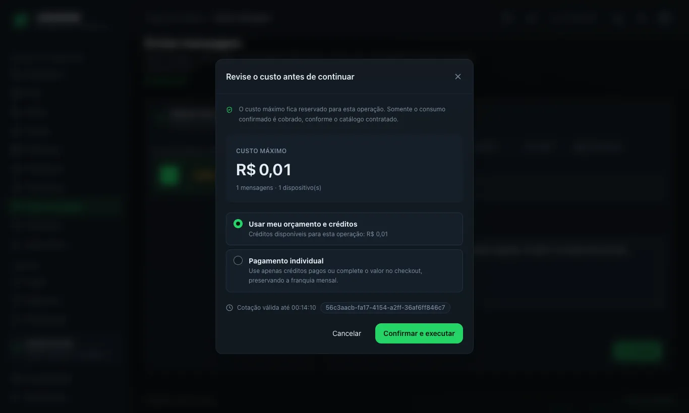 Modal 'Revise o custo antes de continuar' sobre a página Enviar mensagem, mostrando Custo máximo em reais, '1 mensagens · 1 dispositivo(s)', as opções 'Usar meu orçamento e créditos' (selecionada, com créditos disponíveis) e 'Pagamento individual', e os botões Cancelar e Confirmar e executar